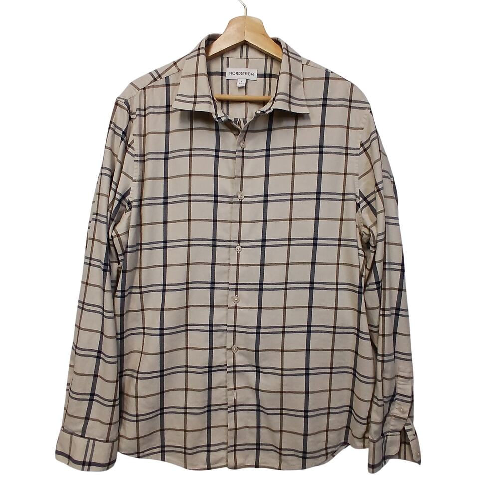 Nordstrom Mens Large Plaid Button Down Shirt Beige Brown Blue